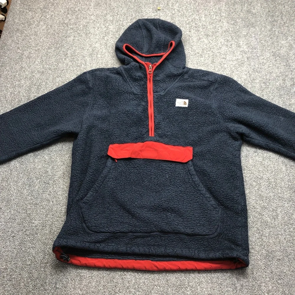 The North Face Mens Campshire Sherpa Fleece Anorak Hoodie Navy Blue Red Large